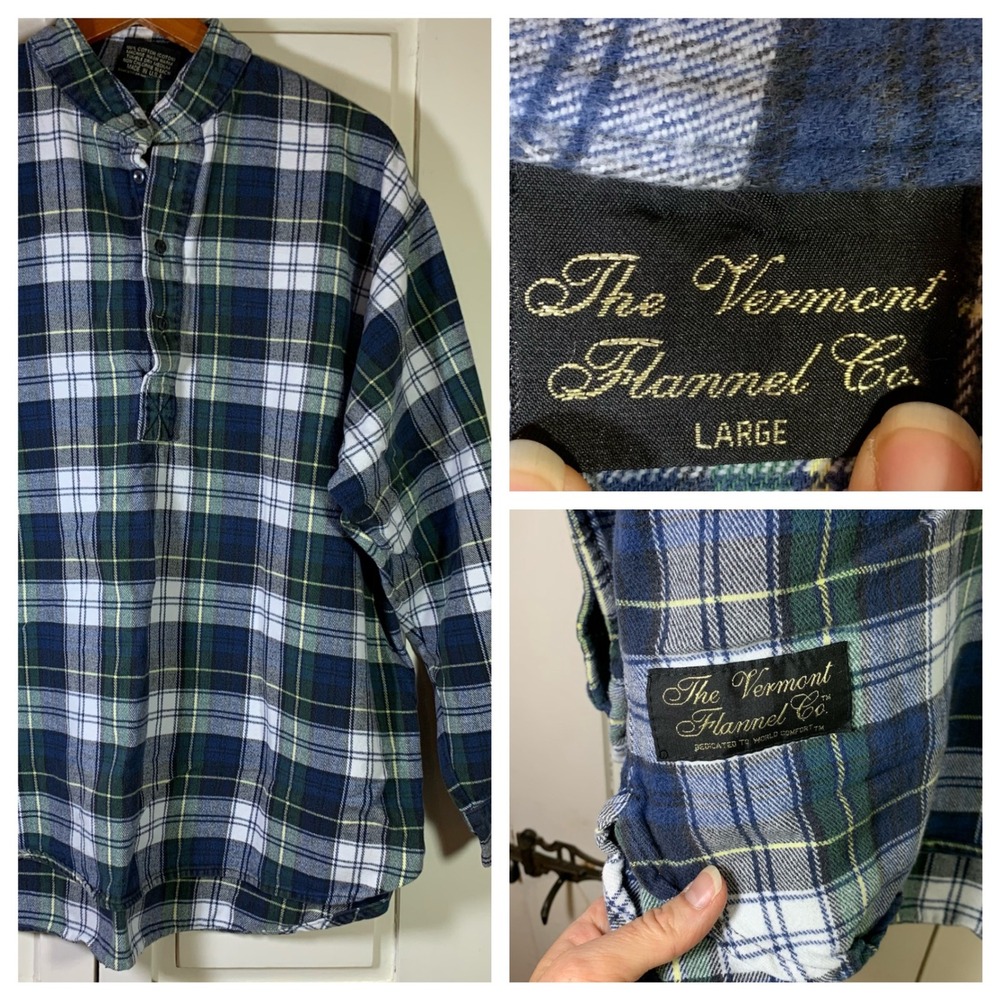 Vermont Flannel Co Mens Large Henley Shirt Blue Green Plaid Made‎ in USA Cotton